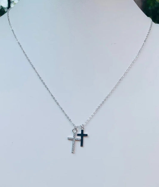 Sterling Silver Double Cross Necklace - 16-18"