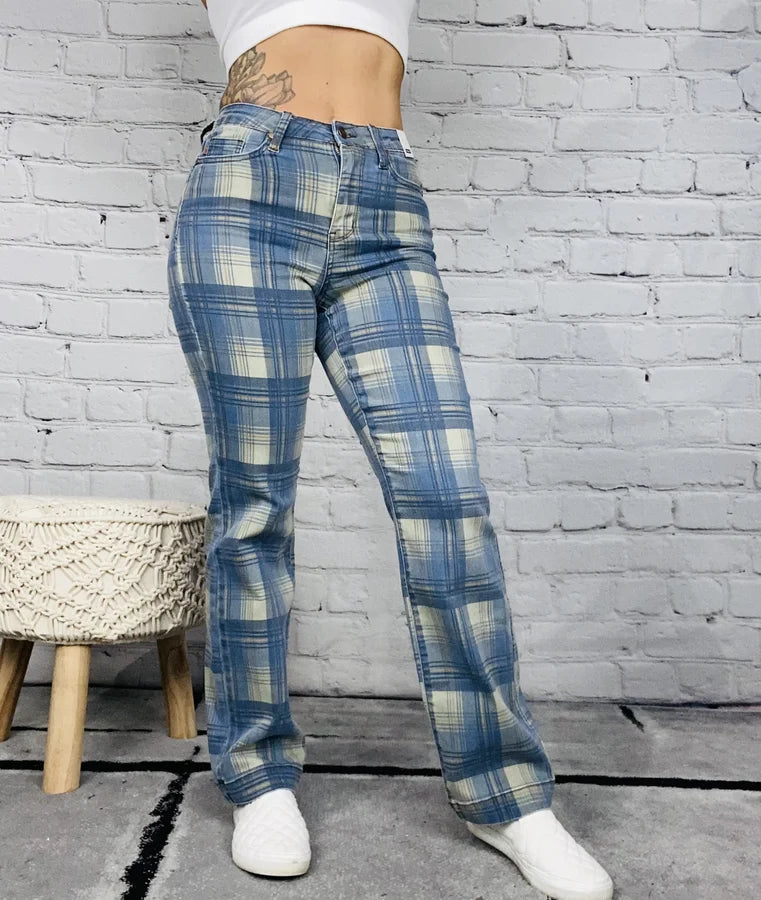 Judy Blue - "Abigail" Blue Plaid High-Waisted Straight Leg Jeans - Reg/Plus