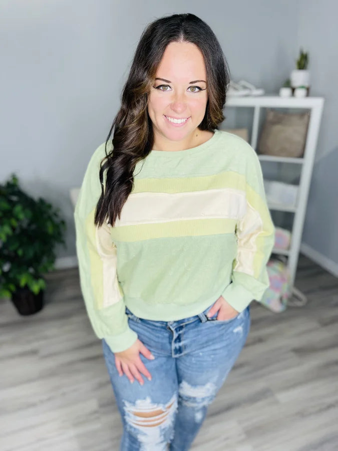 Reg. Light Green French Terry Frayed Long Sleeve Top