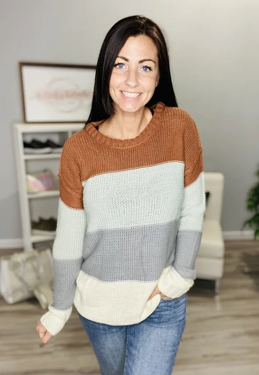 Reg/Plus Burnt Orange/Ivory Striped Crew Neck Long Sleeve Top