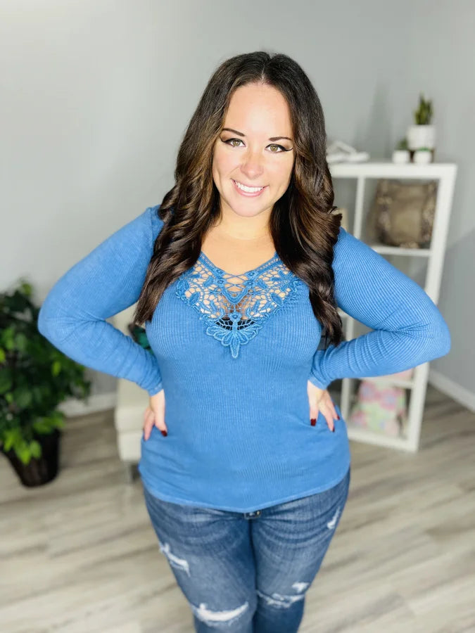Reg. French Blue Mineral Wash Ribbed Top