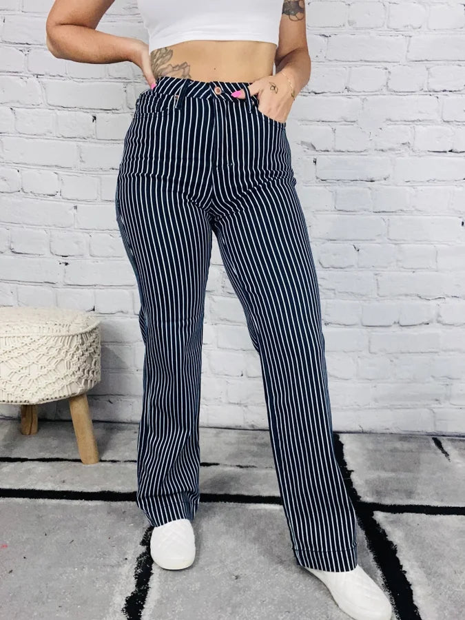 Judy Blue - "Regina" Dark Blue High-Waisted Striped Tummy Control Straight Leg Jeans