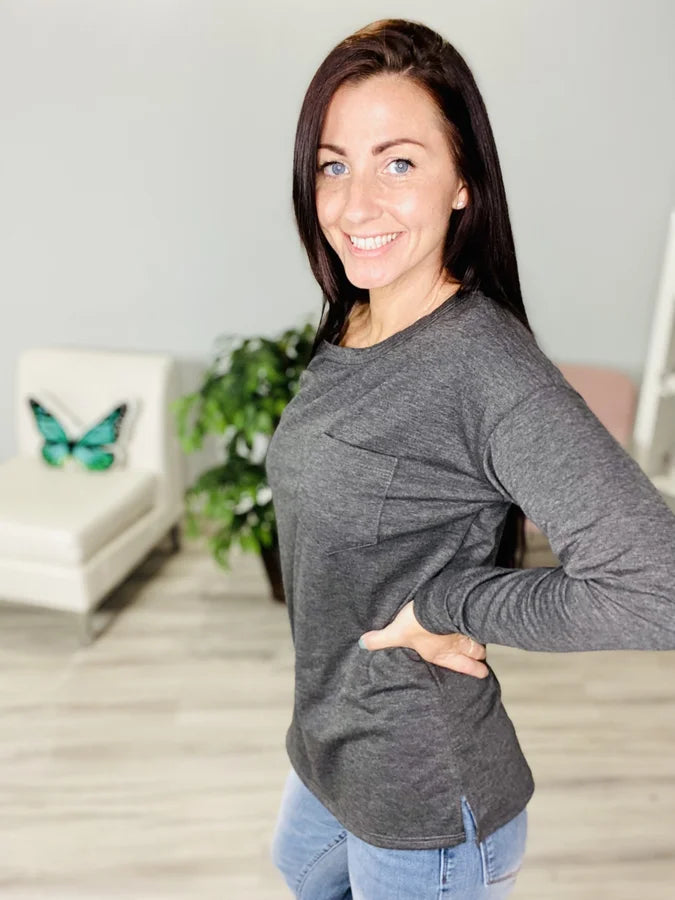 Reg/Plus Charcoal Long Sleeve Top w/ Pocket