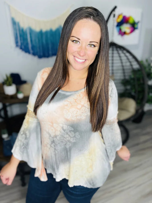 Reg. Peach/Grey Leopard Tie Dye Bell Sleeve Top
