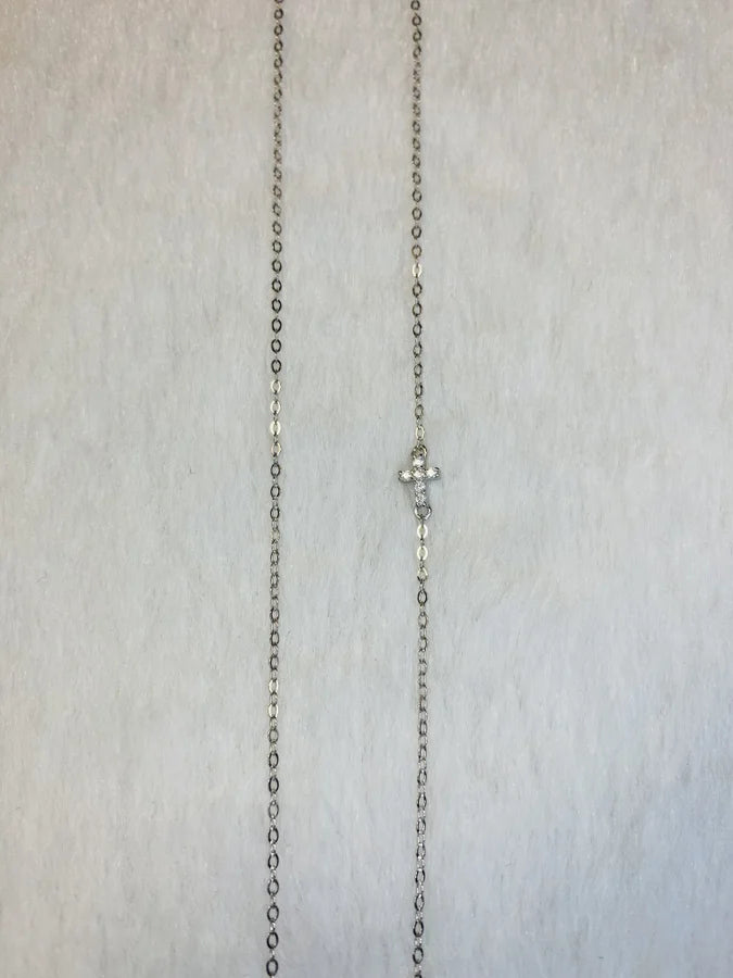Rhodium Plated Sterling Silver Pave CZ Cross Necklace - 16" +2