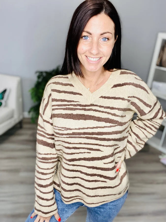 Reg. Taupe Zebra Striped V-Neck Sweater