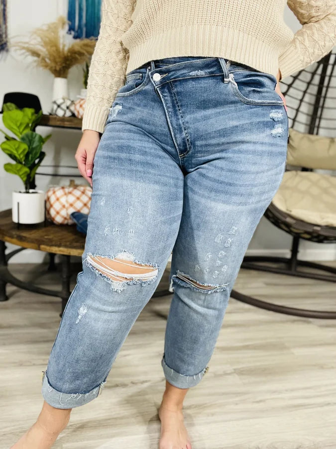 "Gwen" High-Rise Crossover Destroyed Boyfriend Jeans - Reg/Plus