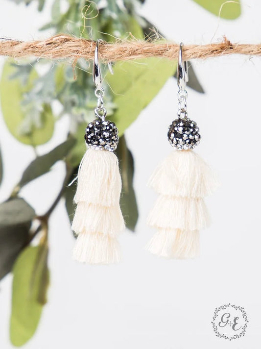 Small Layered Silver & Cream Tassel Earrings