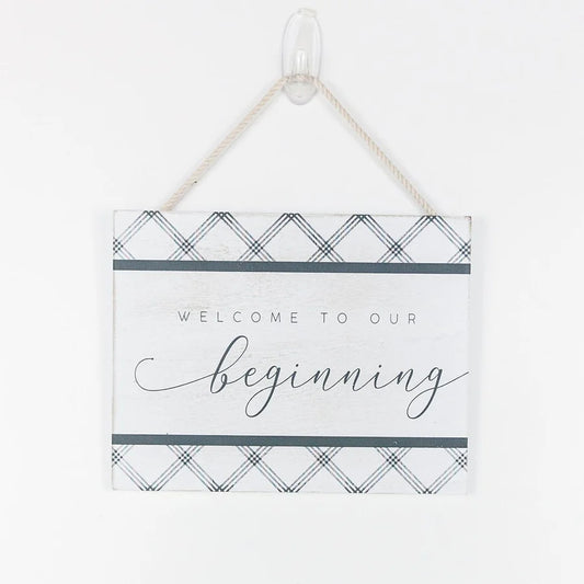 "Welcome to our Beginning" Hanging Wood Tile Sign