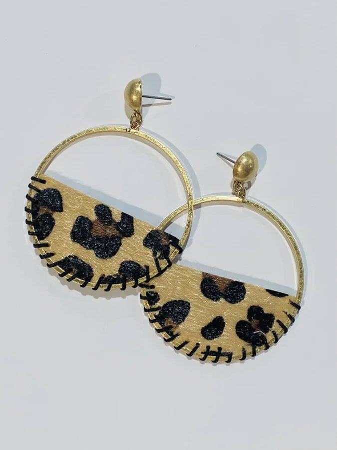 Gold Stud Earrings with Hoop & Cheetah Detail