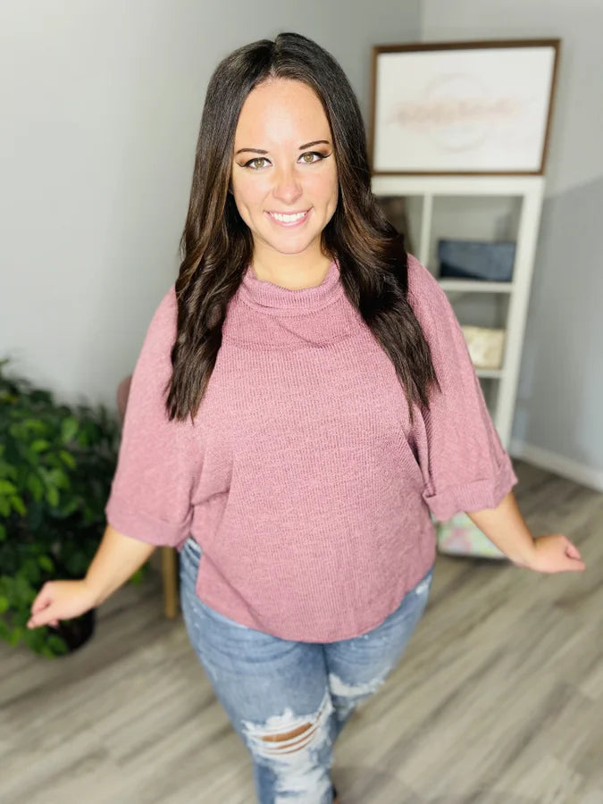 Reg Berry Ribbed Mock Neck 3/4 Sleeve Top