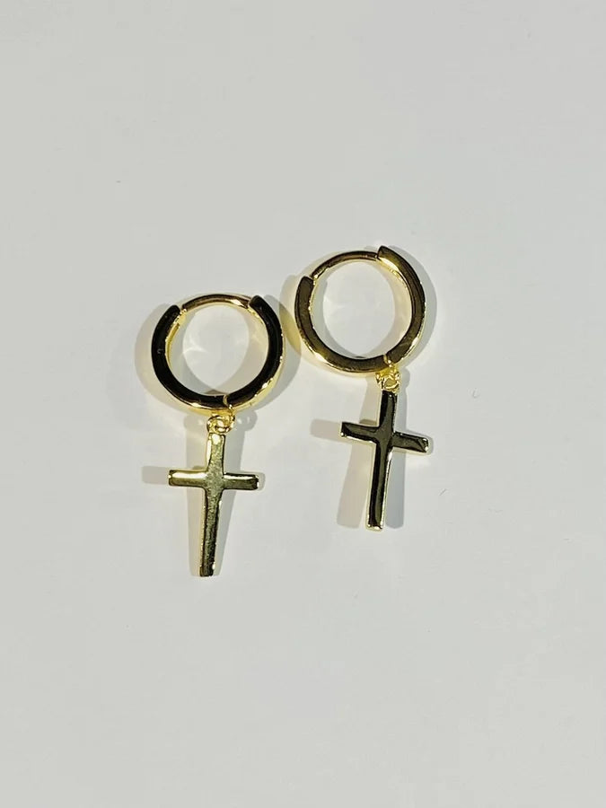 Sterling Silver Gold Plated Plain Cross Dangling Earrings