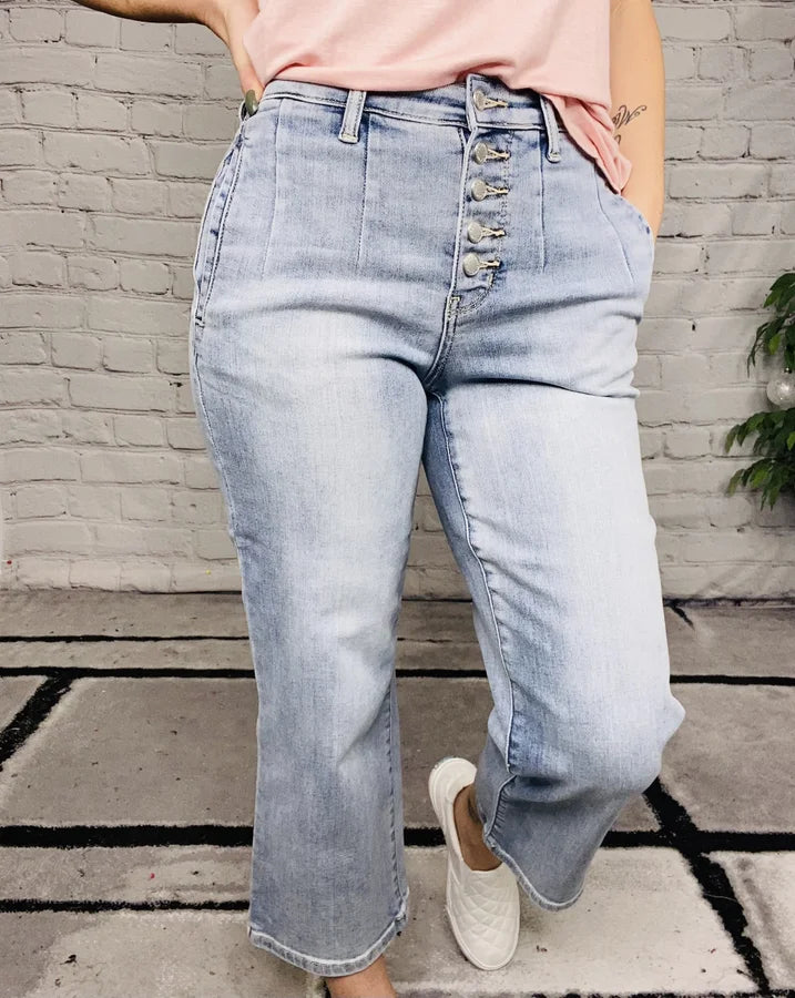 Judy Blue - "Abbey" Light Blue High-Waisted Cropped Wide Leg Jeans- Reg/Plus