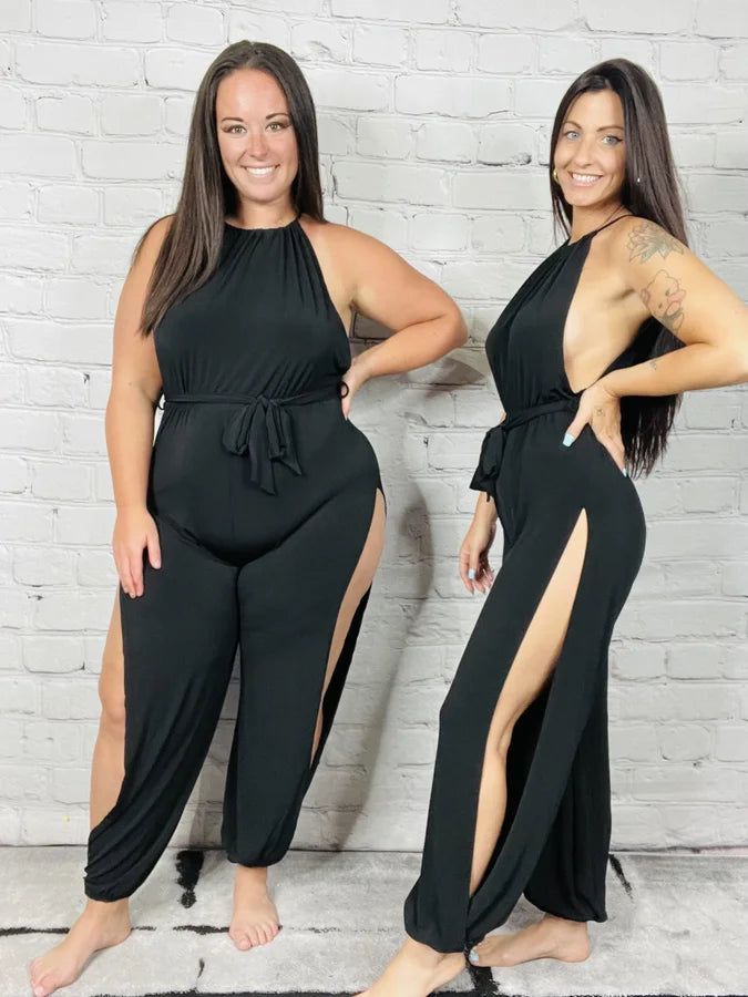 "Show Stopper" Black Halter Neck Split Side Jumpsuit