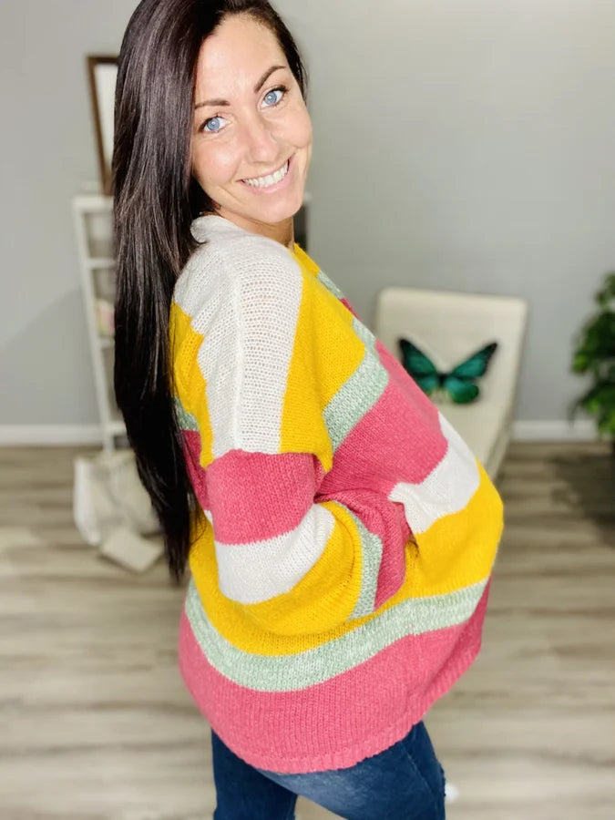 Reg. Golden Yellow/Dark Rose Striped Cardigan