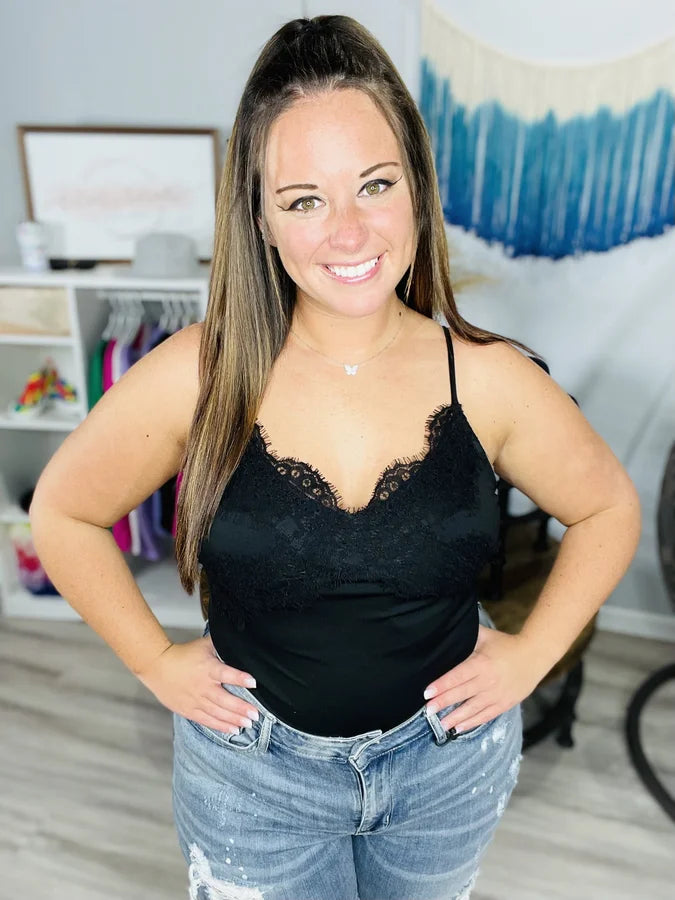 Black Frayed Lace Sleeveless Bodysuit - Reg/Plus